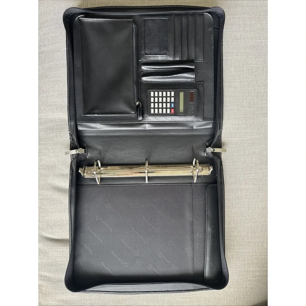 Franklin Covey Black Planner 3 Ring Binder Organizer Handles Leather Calculator